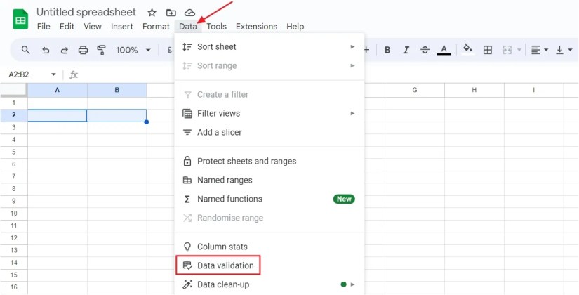Data Validation option in the Data menu of Google Sheets.