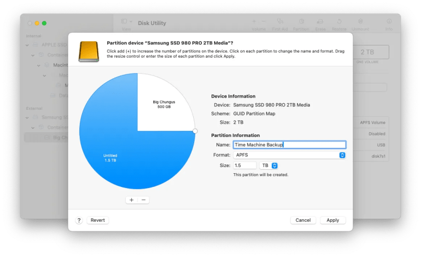 Disk Utility screen showing a pie chart for a partitioned drive.