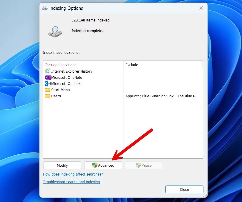 The &ldquo;Advanced&rdquo; button in Indexing Options on Windows.