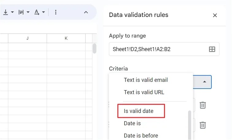 Is Valid Date option in the Criteria drop-down menu.