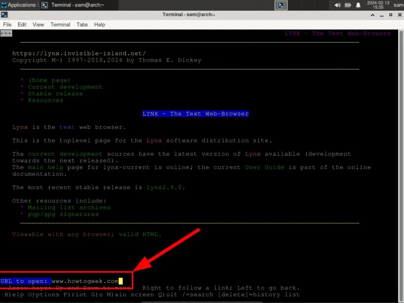 Lynx prompting the user to go to a specific URL.