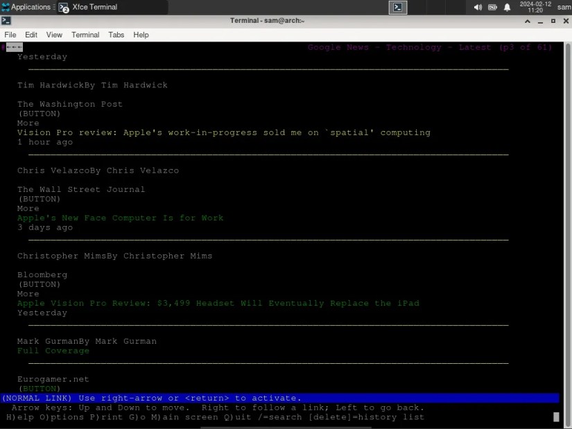 The Google News webpage displayed in Lynx text browser.