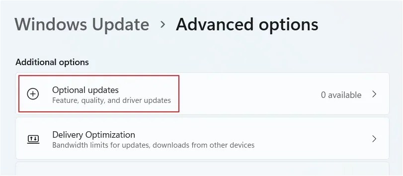 Optional Updates option in the Windows Settings app.