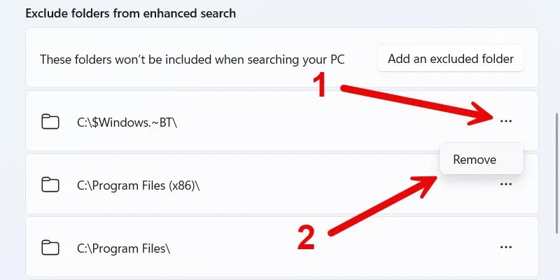 Removing an excluded folder on Windows 11.