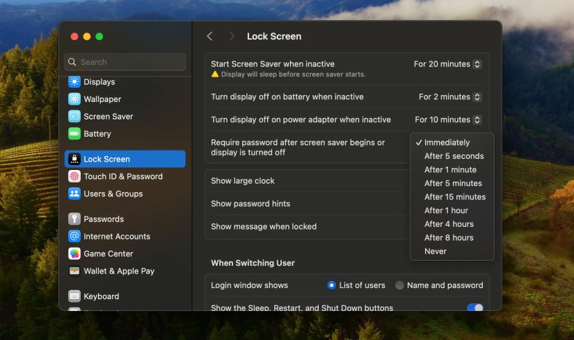 Changing lock screen settings so a password is required upon your Mac waking up