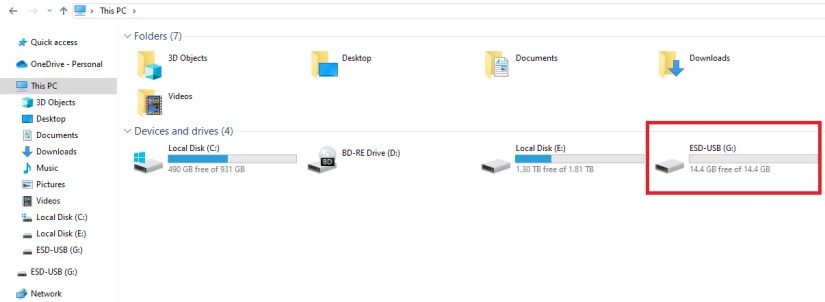 The section titled &ldquo;This PC&rdquo; in the File Explorer that shows all connected storage devices and drives.