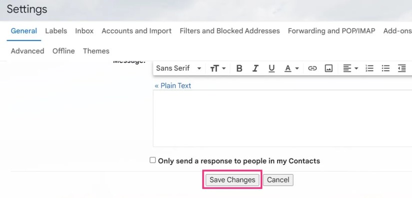Screenshot of Save Settings button in Gmail