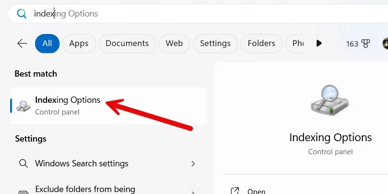 The &ldquo;Indexing Options&rdquo; result in Windows Search.