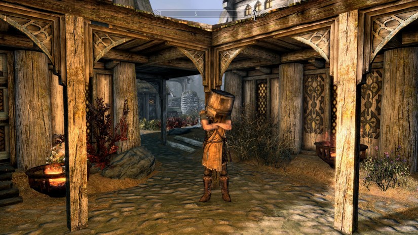 The Elder Scrolls V: Skyrim&rsquo;s whiterun guard with a bucket on his head.