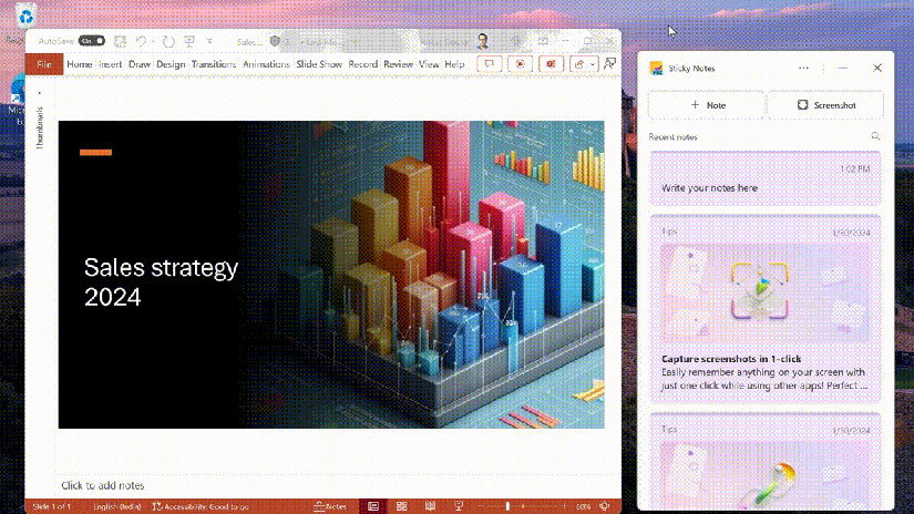 Screen recording of creating a note in Sticky Notes from a PowerPoint screenshot.