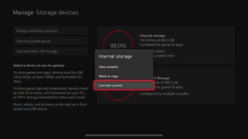 Choose the &ldquo;Uninstall content&rdquo; option to remove items from Xbox storage.