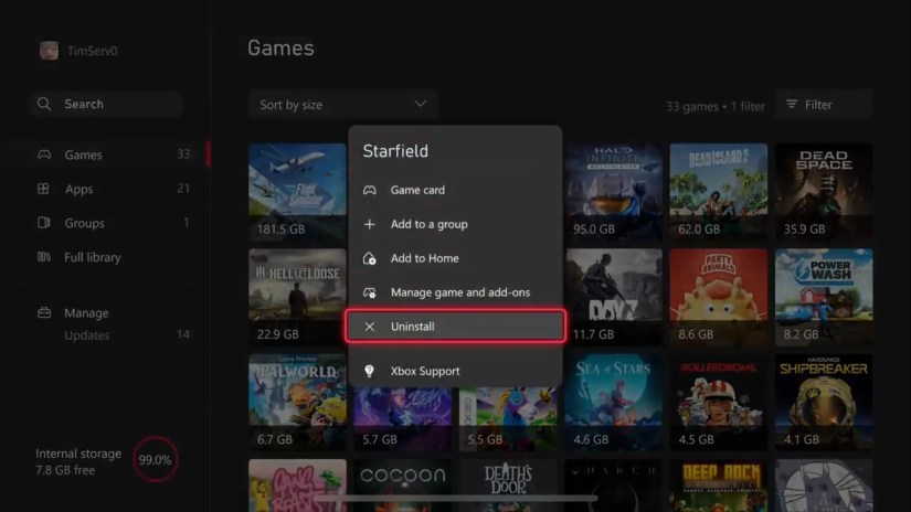 Uninstall a game from the &ldquo;My Games and apps&rdquo; list on Xbox.