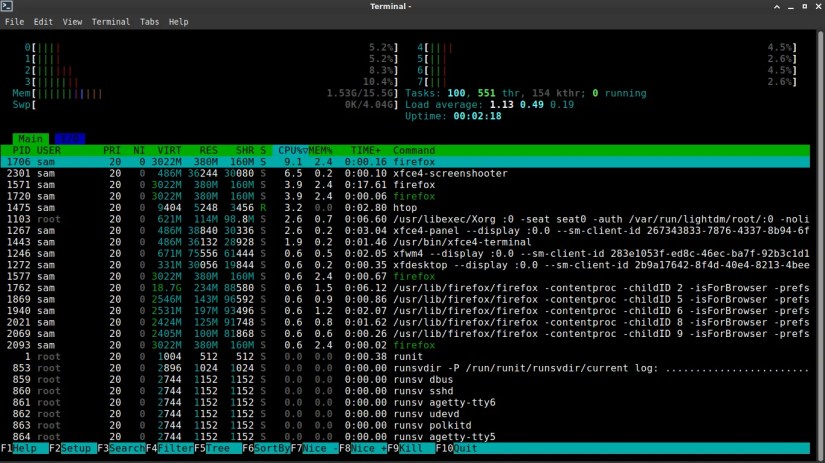 A picture of HTOP in Void showing CPU usage at 5% and RAM usage at 1.53 GB with 5 tabs open in Firefox and an image loaded in GIMP.