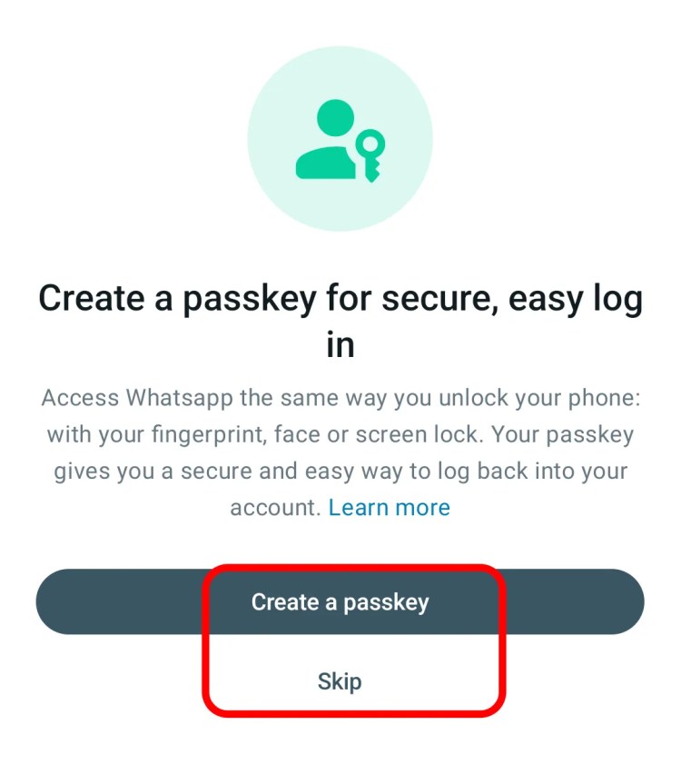 Choose to create or skip WhatsApp Business Passkey.