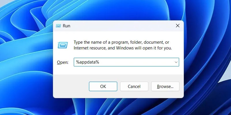 Using Windows Run to open the &lsquo;App Data&rsquo; folder.