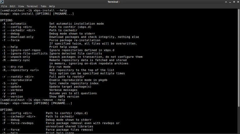 A picture of the terminal displaying options for Void Linux&rsquo;s package manager binaries.