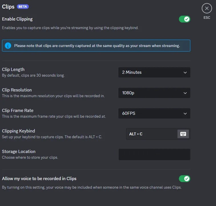 The Clips settings menu on Discord.