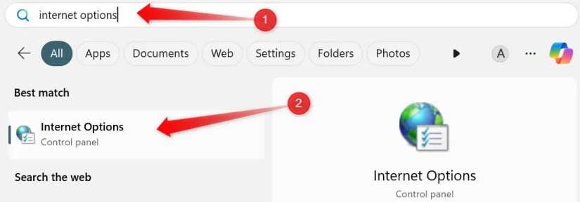 Opening the &lsquo;Internet Options&rsquo; Settings.