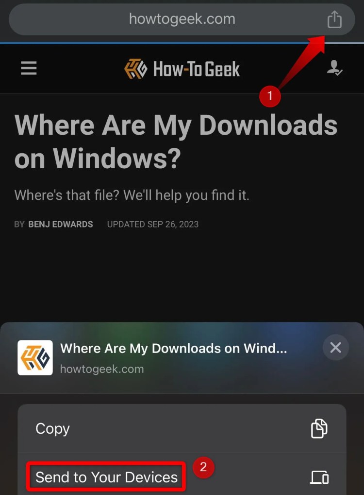Opening the setting to share a link to another device in Chrome for iPhone.