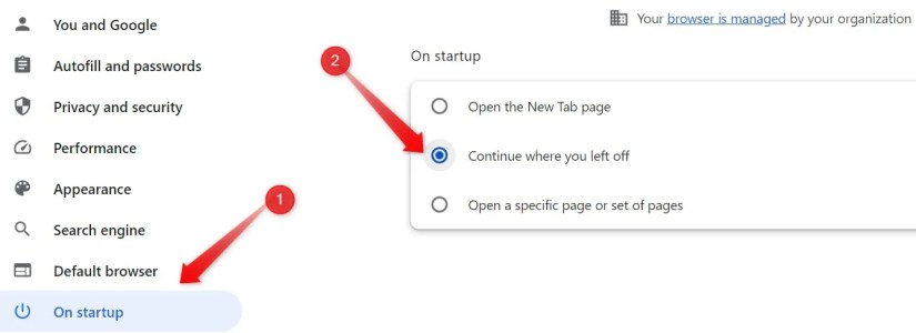 Enabling the &lsquo;continue where you left off&rsquo; feature in Chrome settings.