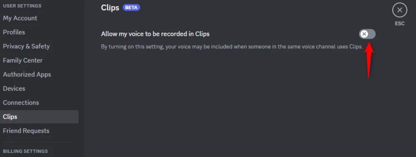 The Discord &lsquo;Allow Clips&rsquo; switch grey and turned off.