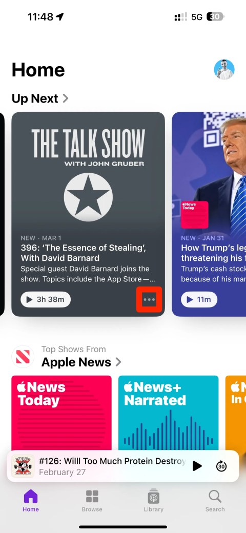 The Home tab in the Apple Podcasts app on iPhone.