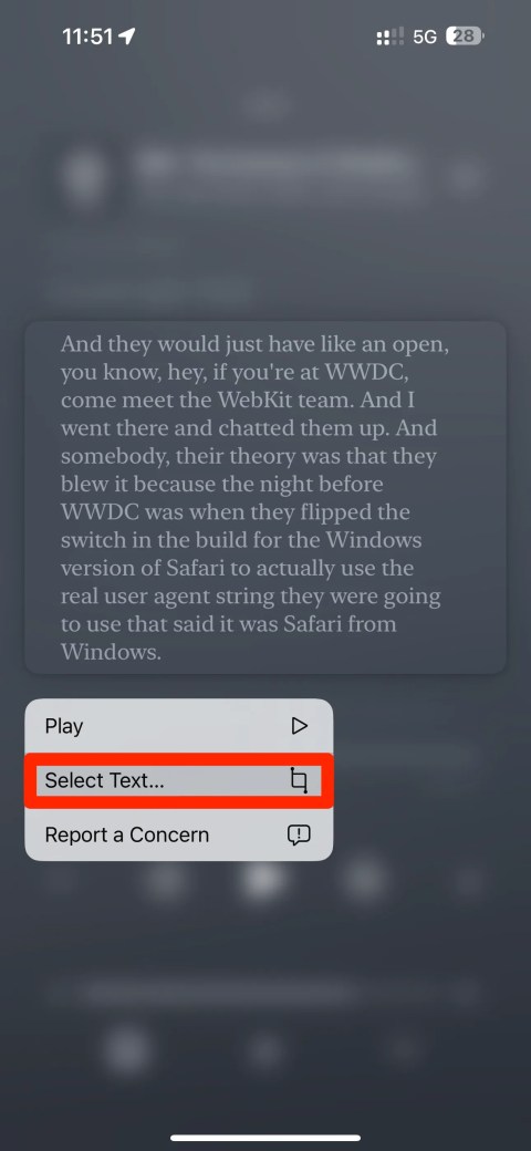 Episode transcript in Apple Podcasts on iPhone, with the Select Text menu option highlighted.