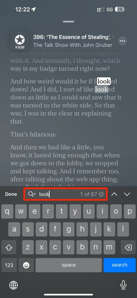 Searching Episode Transcript in Apple Podcasts on iPhone.