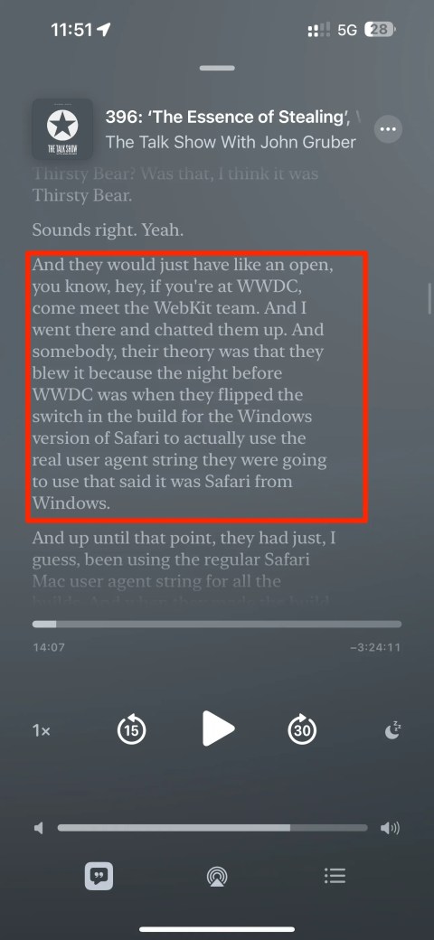 Episode transcript in Apple Podcasts on iPhone, with a paragraph highlighted.