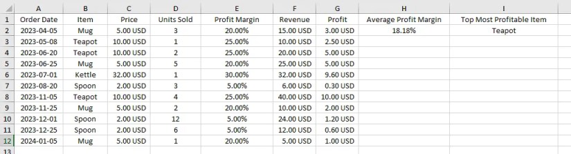 A list of articles about ceramic and glass coffee mugs in Excel.