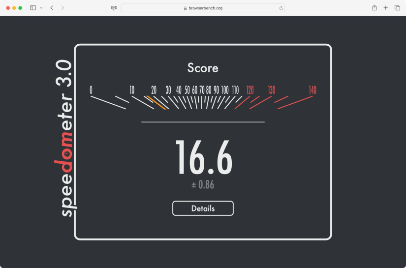 Screenshot of Speedometer 3.0 benchmark in Safari