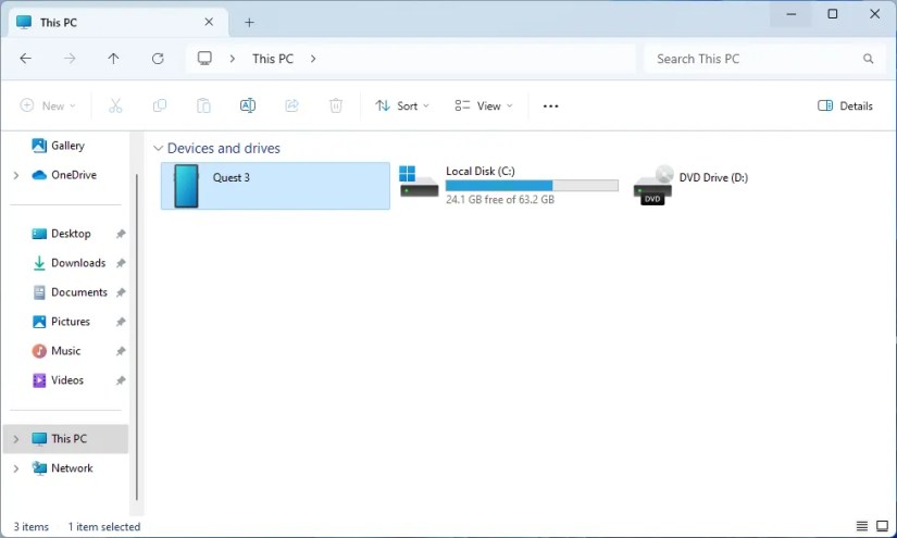 Screenshot of the This PC window showing Devices and Drives with Quest 3 selected.