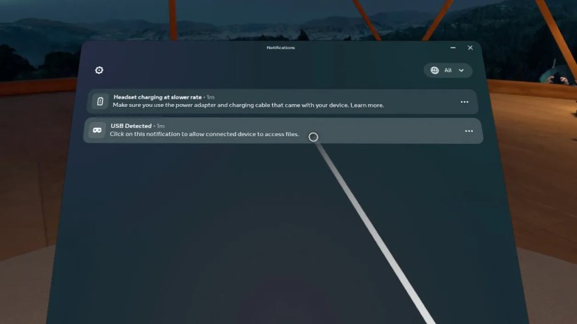 Notification for &ldquo;USB Detected&rdquo; in Quest virtual environment.
