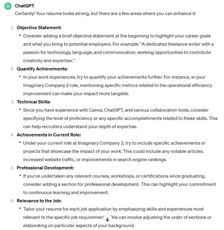 ChatGPT providing feedback on a resume it helped generate.