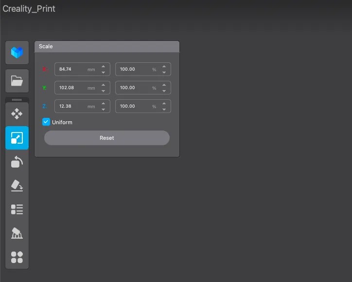 Creality Print tools to move, scale, and manipulate a model.
