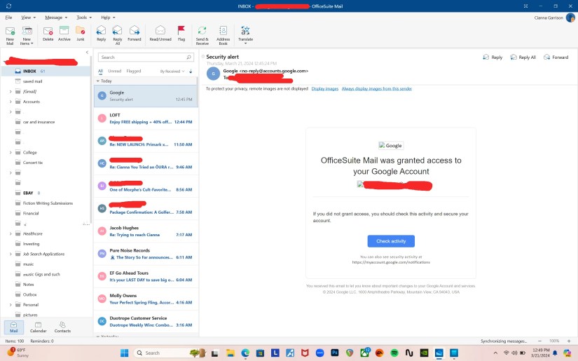 A screenshot of an email inbox using OfficeSuite&rsquo;s Mail app.