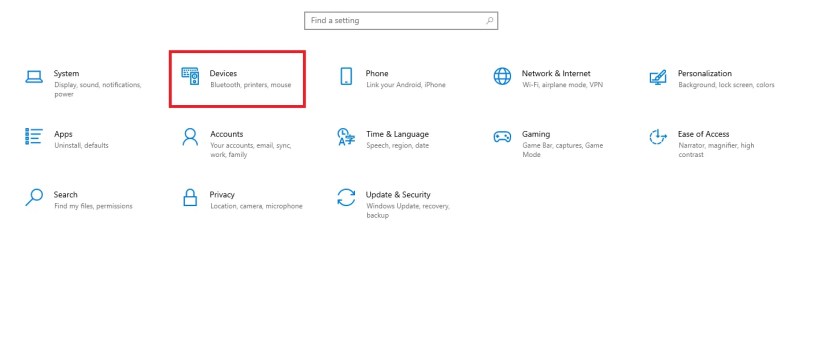 The &ldquo;Devices&rdquo; section in the Windows 10 PC settings.