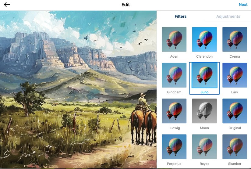 Applying Instagram Filters to an AI-generated image.