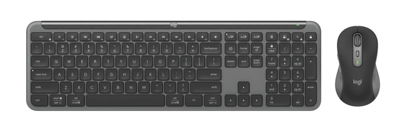 A black wireless keyboard and mouse.