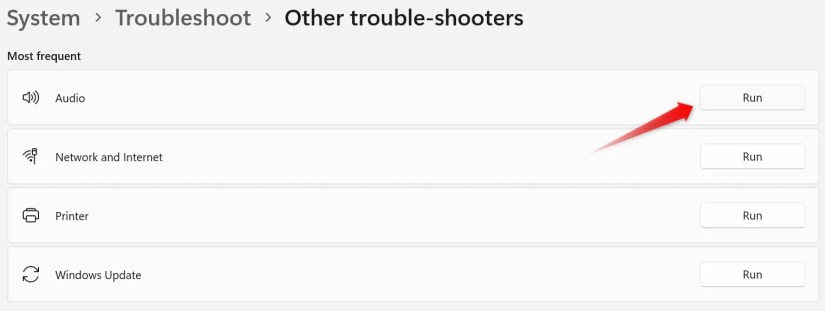 Running the audio troubleshooter on Windows.