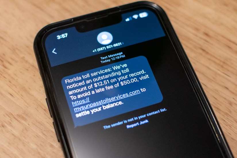 Photo of a scammy text message on a smartphone.