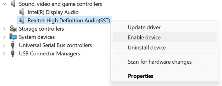 Enabling the audio device in device manager on Windows.