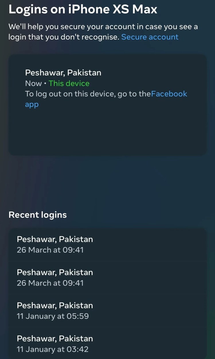 Additional details of the devices where our Facebook account is currently logged in.