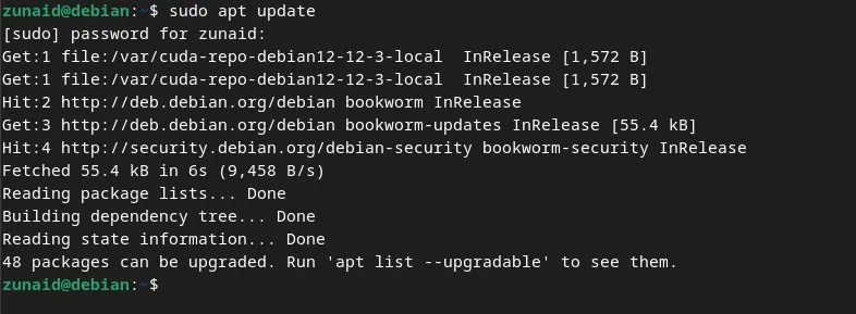 An example of updating the packages on Debian Linux using the sudo apt update command