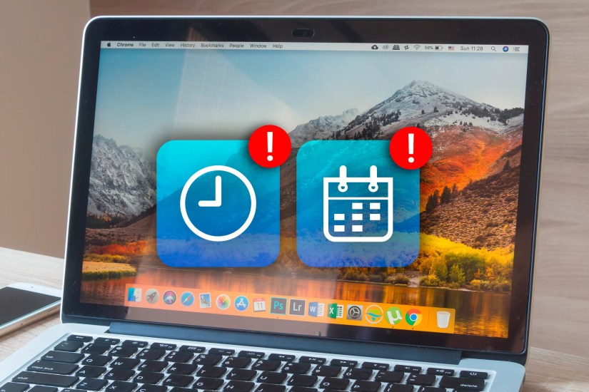 A MacBook on the home screen and two icons with an alert in the center of the screen, a time icon on the left, and a calendar icon on the right.