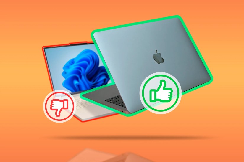 A MacBook with a thumbs-up icon, and behind it, a Windows laptop with a thumbs-down icon.