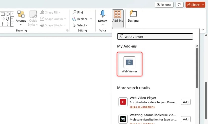 Microsoft PowerPoint&rsquo;s add-ins pane with &lsquo;Web Viewer&rsquo; selected.