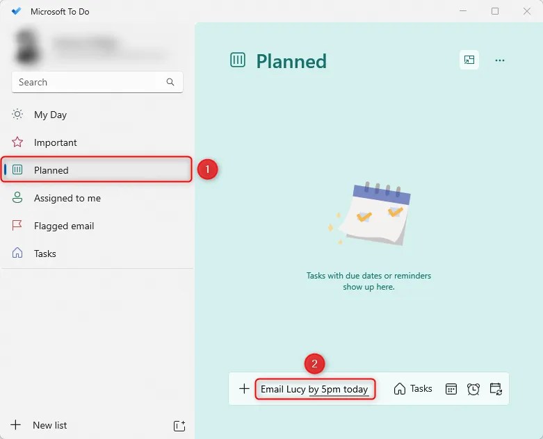 Microsoft To Do&rsquo;s Planned section with &lsquo;Email Lucy by 5pm today&rsquo; typed into the box at the bottom of the main panel.