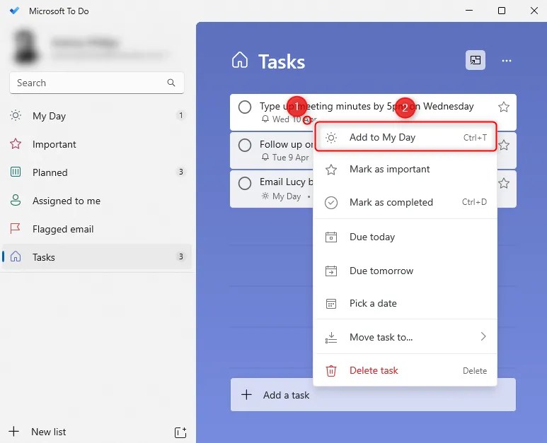 Microsoft To Do with &lsquo;Add To My Day&rsquo; highlighted after having right-clicked on a task.