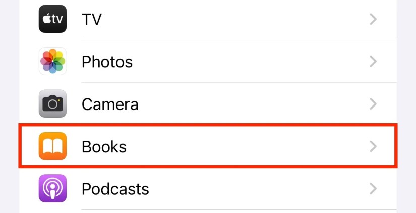 The &ldquo;Books&rdquo; option in the iPhone Settings app.